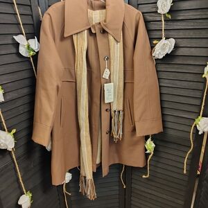 Brown Coat with Striped Scarf